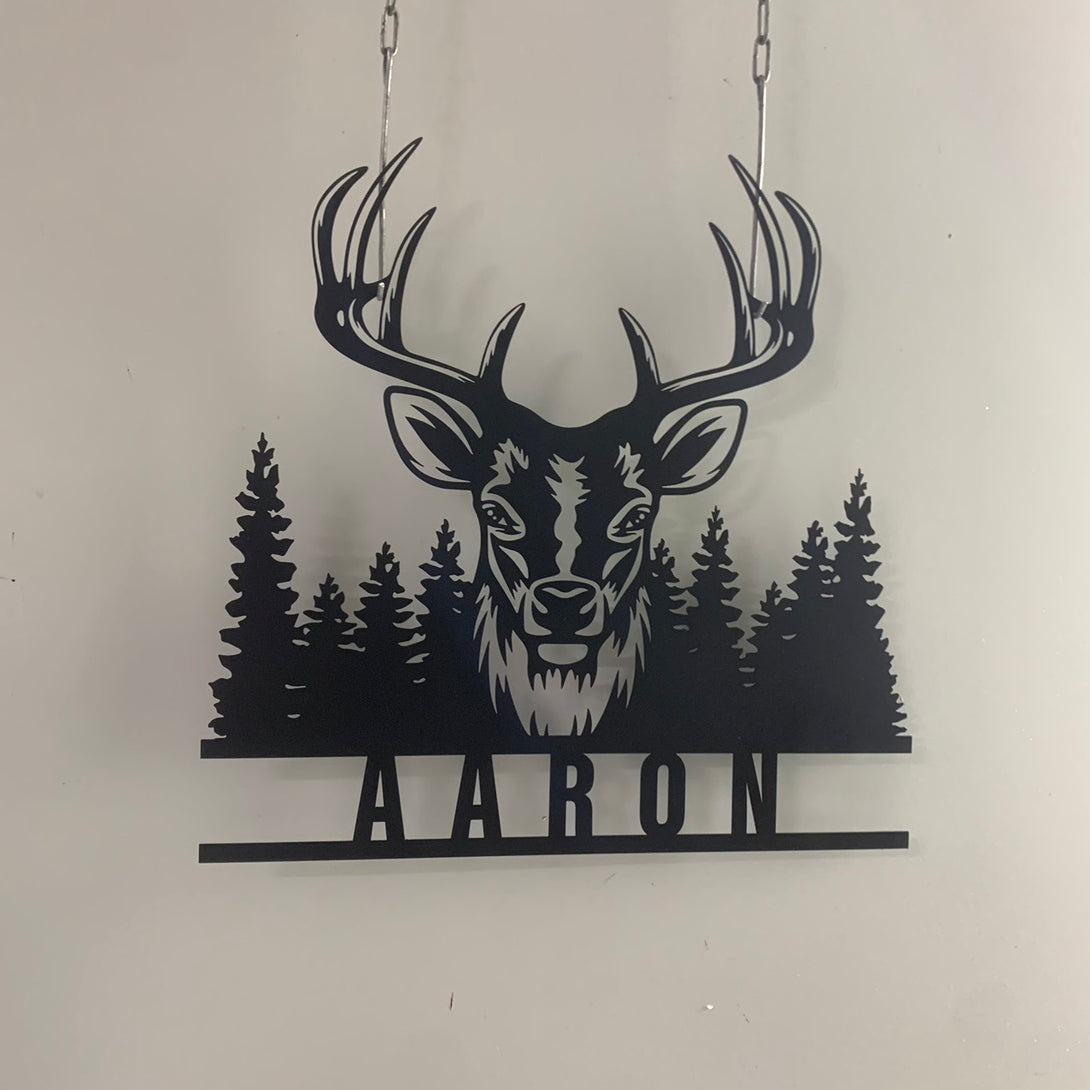 Custom Deer Head Metal Wall Art, Personalized Deer Forest Metal Name Sign, Wild Animal Deer Camp Man Cave Metal Wall Sign