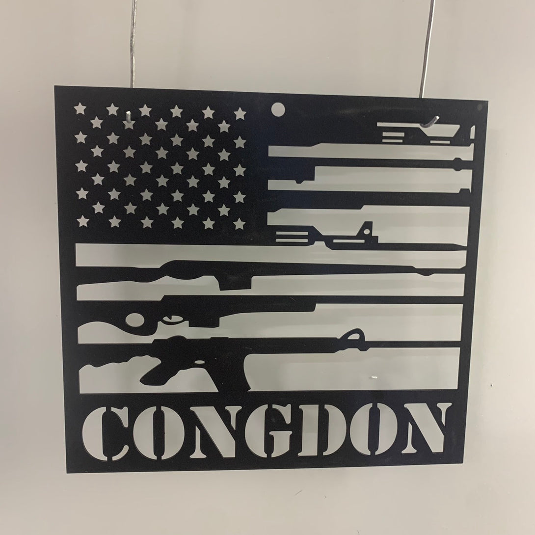 Custom Gun American Flag Metal Wall Art, Personalized Second Amendment 2nd Flag Metal Name Sign, 4th Of July Patriotic Military Gun Metal Sign