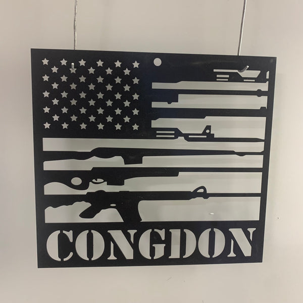 Custom Gun American Flag Metal Wall Art, Personalized Second Amendment 2nd Flag Metal Name Sign, 4th Of July Patriotic Military Gun Metal Sign