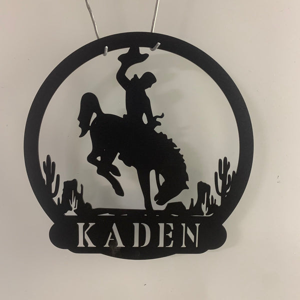 Western Cowboy On Bucking Bronco Monogram Metal Sign, Custom Bull Rider Cowboy Metal Wall Art, Personalized Rodeo Western Cowboy Name Sign