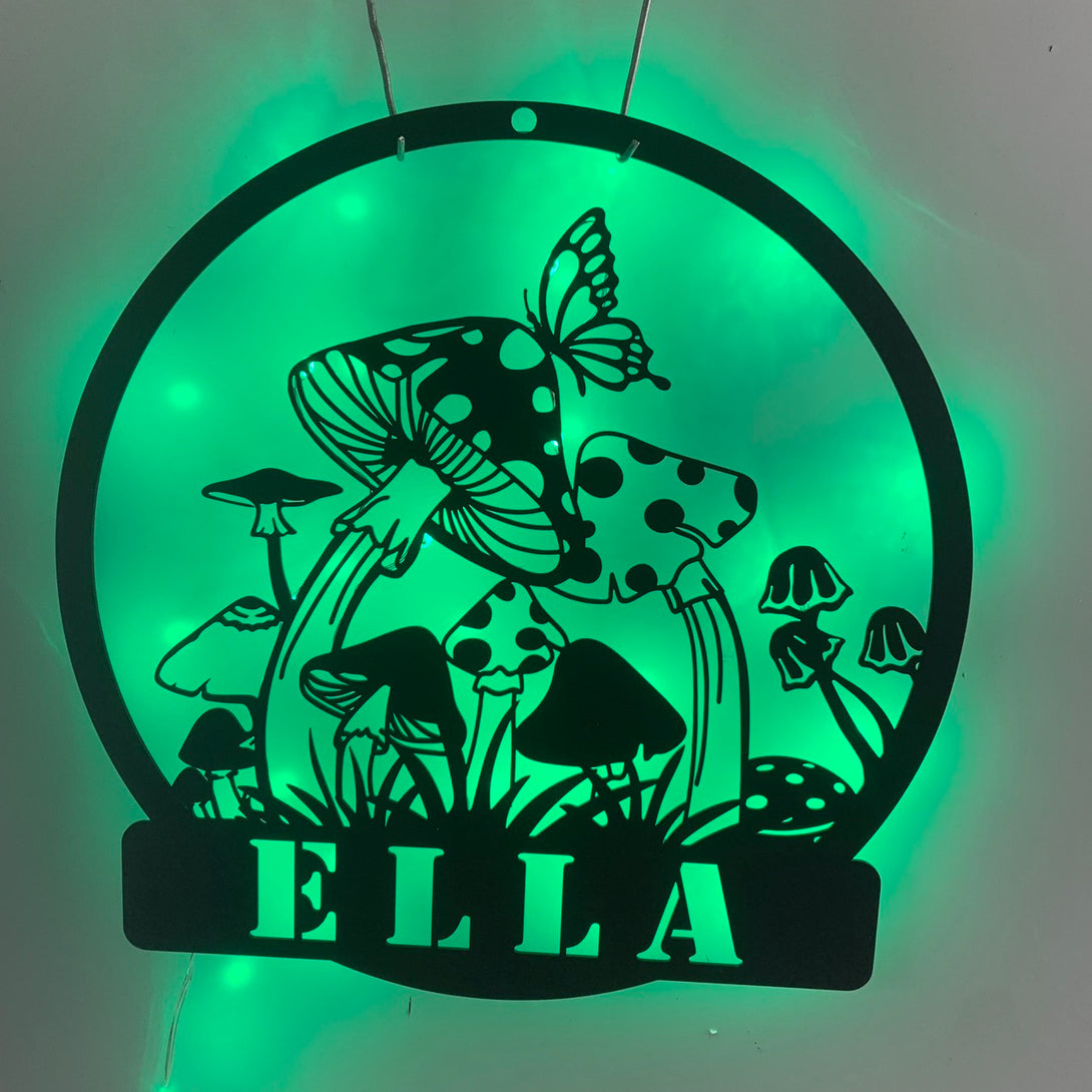 Custom Mushroom Metal Wall Art With Led Lights, Personalized Mushroom Garden Metal Name Sign, Mushroom Metal Wall Led Sign Room Decor