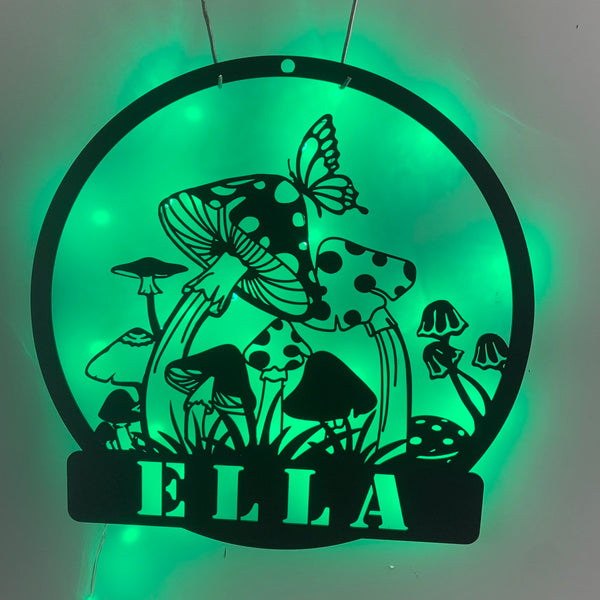 Custom Mushroom Metal Wall Art With Led Lights, Personalized Mushroom Garden Metal Name Sign, Mushroom Metal Wall Led Sign Room Decor
