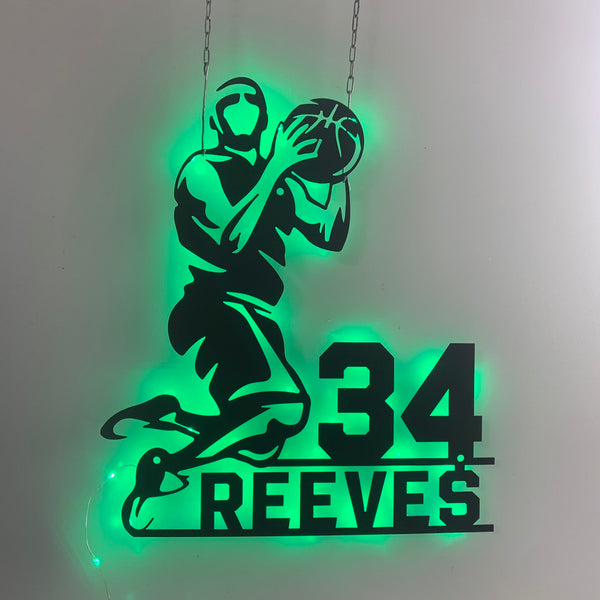 Personalized Basketball Player Metal Sign Led Light, Custom Man Basketball Metal Wall Art With Name And Number, Basketball Sport Metal Wall Led Sign