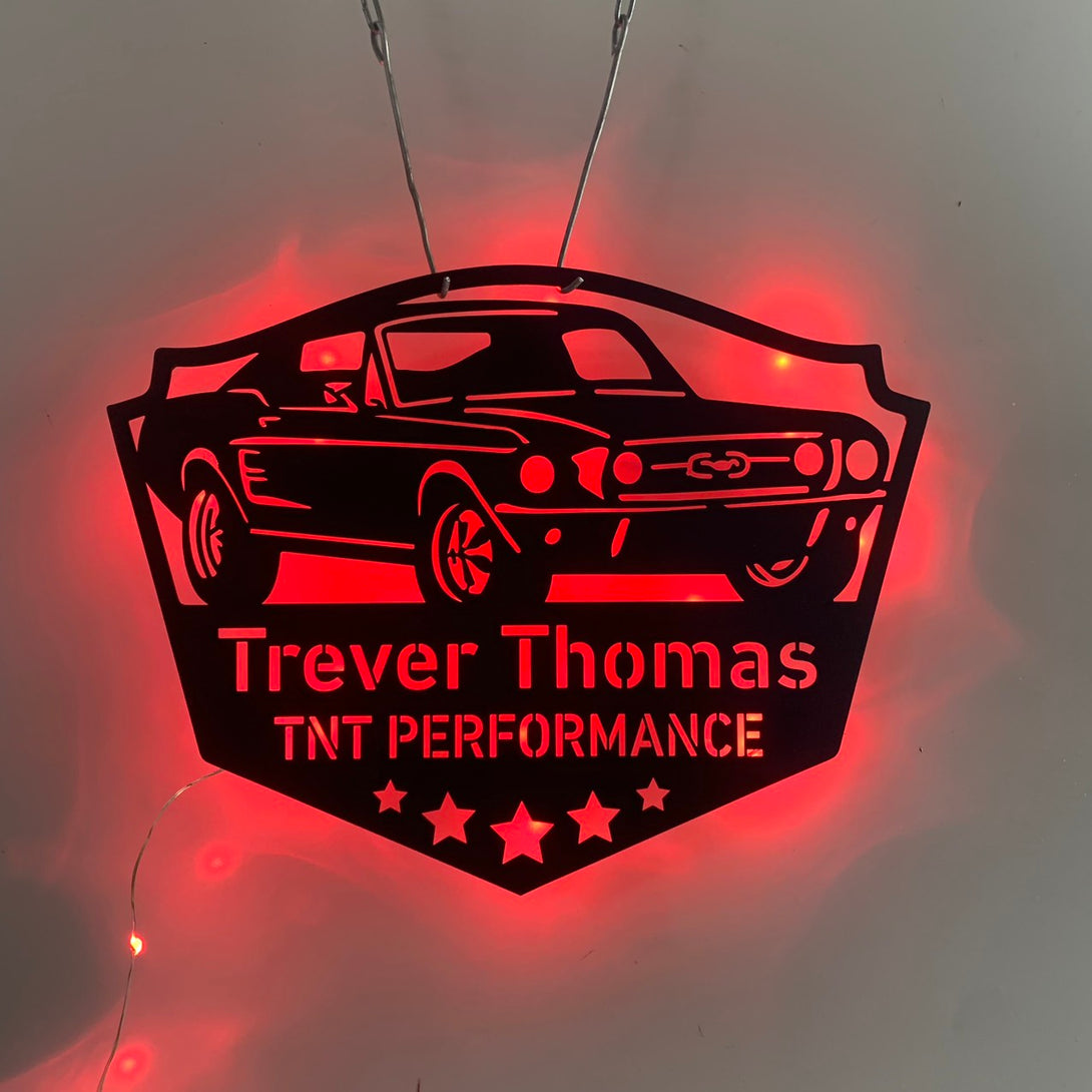 Personalized Car Garage Metal Name Sign Led Light, Mustang Classic Car Metal Wall Art, Auto Repair Metal Sign, Car Garage Man Cave Metal Wall Decor