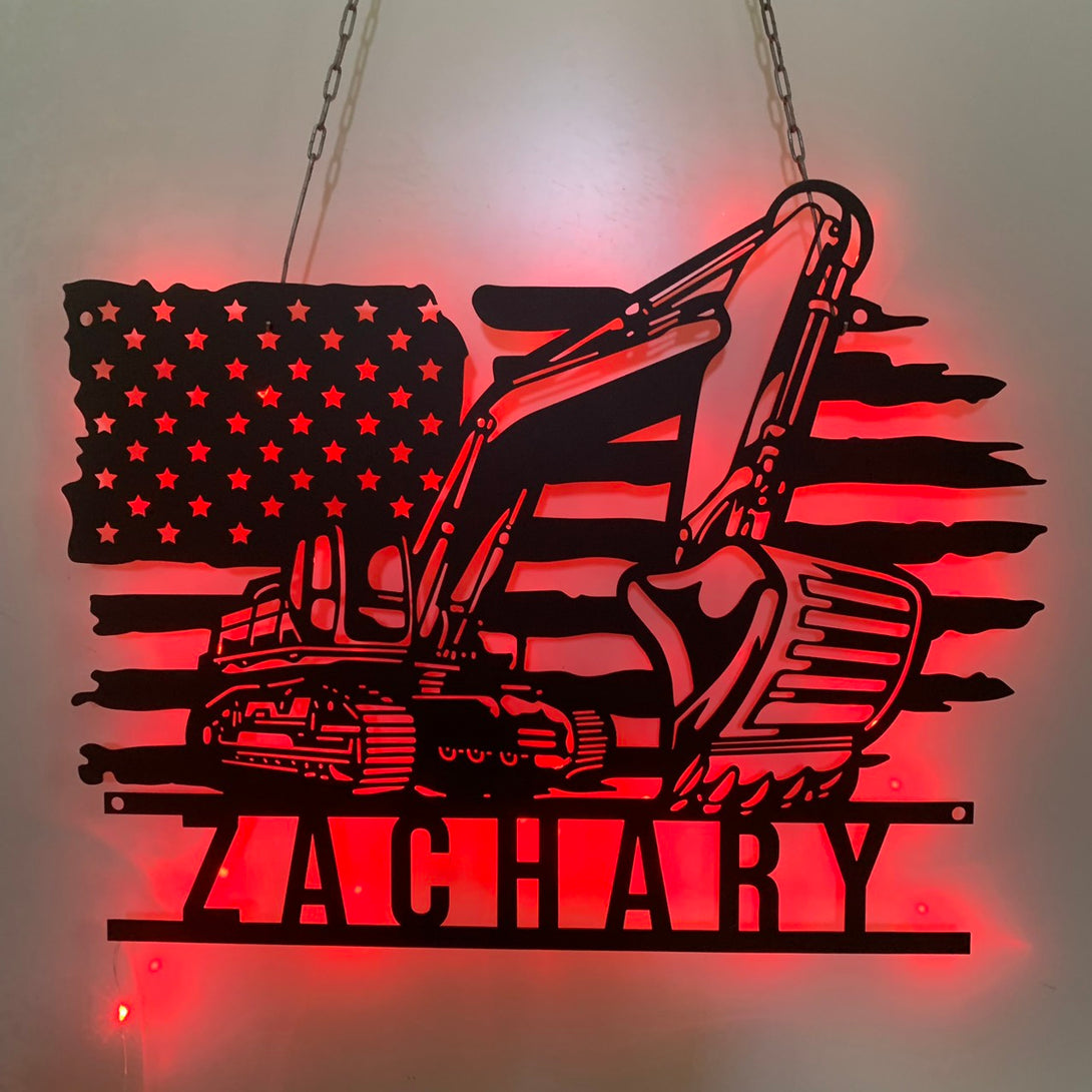 Custom Us Flag Excavator Metal Wall Art With Led Light, Personalized Us Excavator Driver Metal Name Sign, Construction Truck Excavator Metal Sign