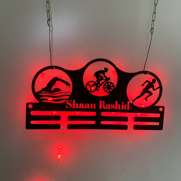 Custom Name Triathlon Medal Holder Led Lights, Triathlon Swim Bike Run Metal Rungs For Medals & Ribbons, Triathlon Athletics Award Medal Display