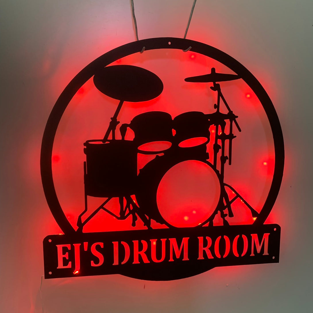 Drum Set Metal Sign Art Led Light, Custom Drum Room Metal Name Sign, Personalized Drummer Metal Sign, Music Studio Metal Wall Sign