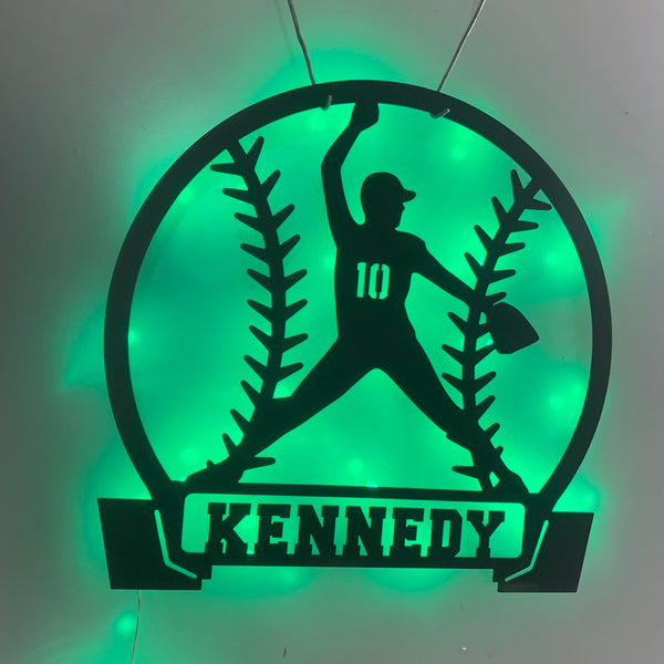 Custom Man Baseball Metal Wall Art With Led Lights, Personalized Baseball Player Metal Name Sign, Softball Sport Metal Wall Led Decor