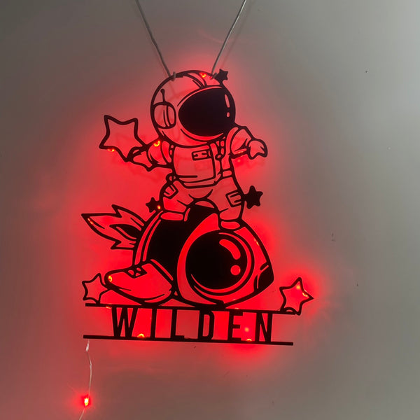 Custom Cute Space Astronaut Metal Wall Art Led Light, Personalized Boy Riding A Rocket Name Sign, Space Astronaut Kid Room Metal Decor