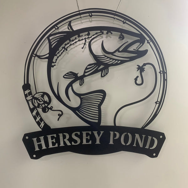 Custom Fishing Monogram Metal Sign, Fishing Pole Metal Wall Art, Personalized Fishing Metal Name Sign, Custom Cabin Lake House Fish Metal Sign