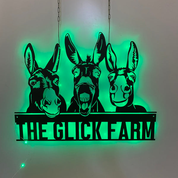 Custom Funny Donkey Metal Farm Sign Led Light, Personalized Donkey Farm Metal Sign, Animal Farm Name Sign, Donkey Barn Ranch Metal Sign