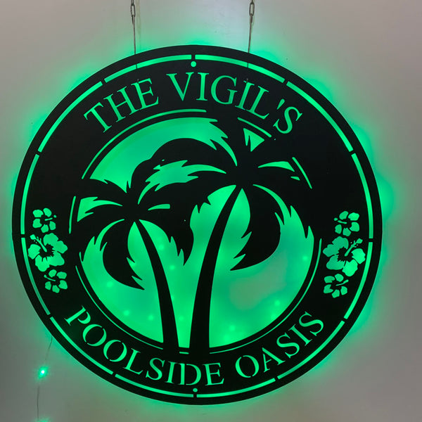 Custom Tropical Patio Backyard Metal Wall Art Led Light, Personalized Palm Tree Hibiscus Metal Name Sign, Welcome Tropical Oasis Welcome Metal Sign
