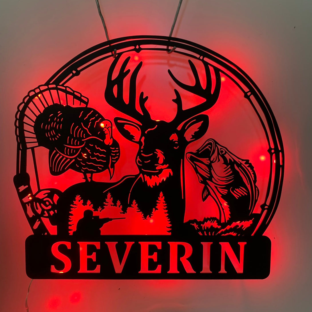 Custom Deer Hunting Fishing Metal Wall Art Led Light, Personalized Turkey Deer Hunter Metal Wall Sign, Hunting Fishing Cabin Metal Name Sign