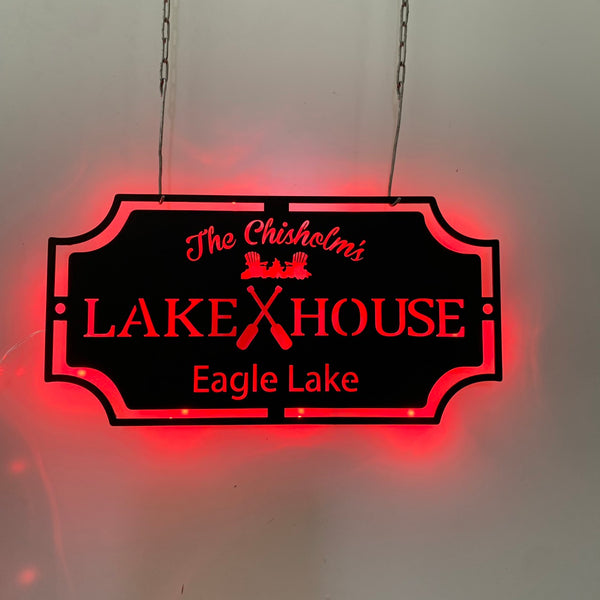 Personalized Lake House Metal Wall Art With Led Light, Front Door Lake House Cabin Metal Name Sign, Custom Family Name Lake Life Sign