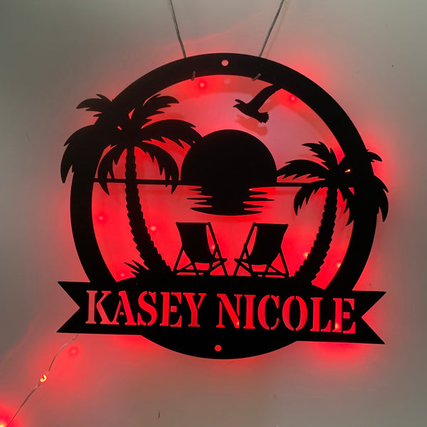 Custom Palm Tree Beach House Metal Wall Art Led Light, Personalized Sunset Beach Metal Name Sign, Poolside Tiki Bar Metal Wall Outdoor Decor