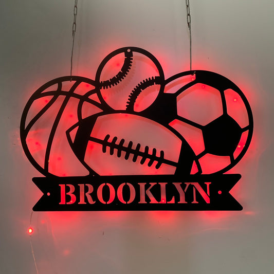 Personalized Sport Balls Metal Sign With Led Lights, Baseball Football Basketball Soccer Metal Wall Art, Multi Sports Kid Room Metal Sign