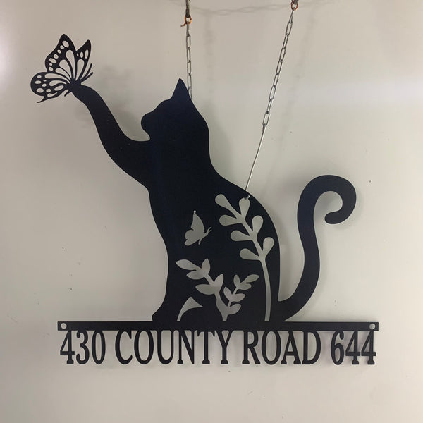 Custom Cat With Butterfly Address Metal Sign, Personalized Cat House Numbers Metal Sign, Metal Street Numbers Sign, Cat Metal Front Door Sign