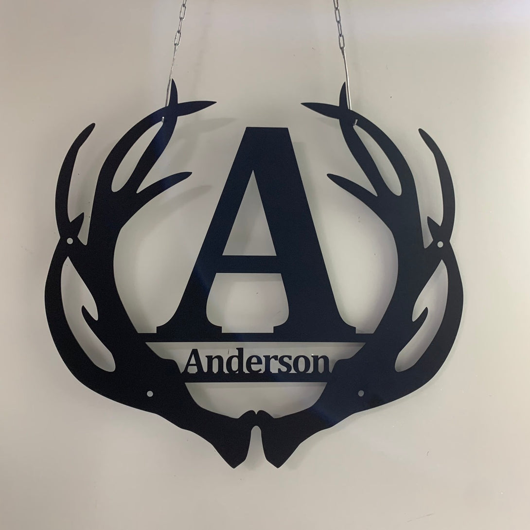 Custom Deer Antler Metal Wall Art, Personalized Antler Famliy Name Split Monogram Metal Sign, Metal Antler Last Name Man Cave Wall Sign Decor