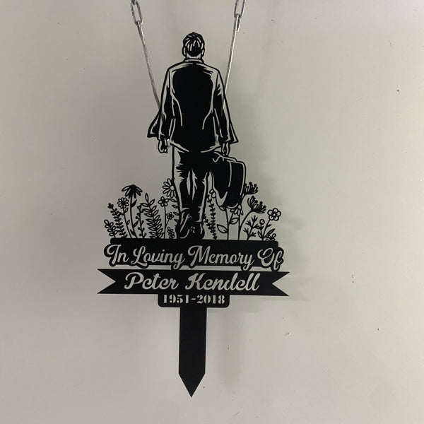 Personalized Guitarist Metal Memorial Stake, Custom Man Walking With Guitar Garden Stake, Remembrance Yard Sign, Guitar Memorial Cross Stake