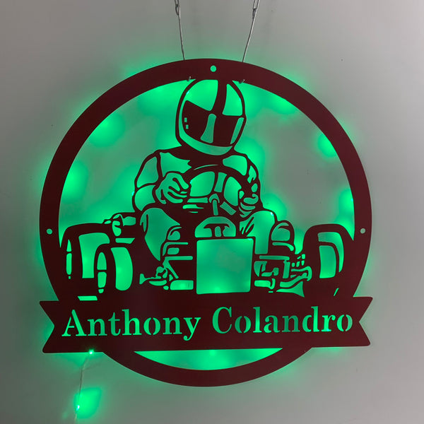 Custom Go Kart Racing Metal Wall Art With Led Lights, Personalized Go Kart Racing Metal Signs, Go Kart Name Monogram Metal Wall Decor