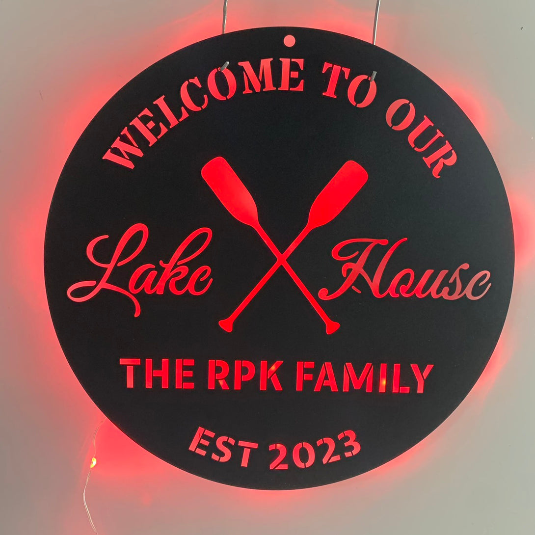 Personalized Lake House Metal Wall Art Led Light, Lake Sailing Scene Monogram Metal Art, Lake House Name Sign, Custom Family Name Lake Life Sign