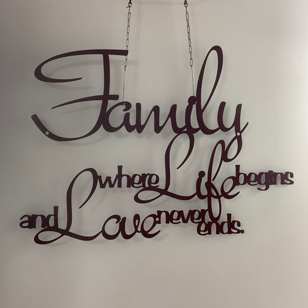 Family Where Life Begins Love Never Ends Metal Wall Art, Words Metal Wall Decor, Minimalist Decor Metal Wall Hanging, Motivational Quotes Metal Sign