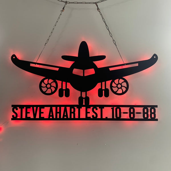Custom Aircraft Hangar Metal Wall Art Led Light, Personalized Pilot Name Metal Sign, Aviation Metal Hangar Wall Led Sign, Airplane Metal Sign