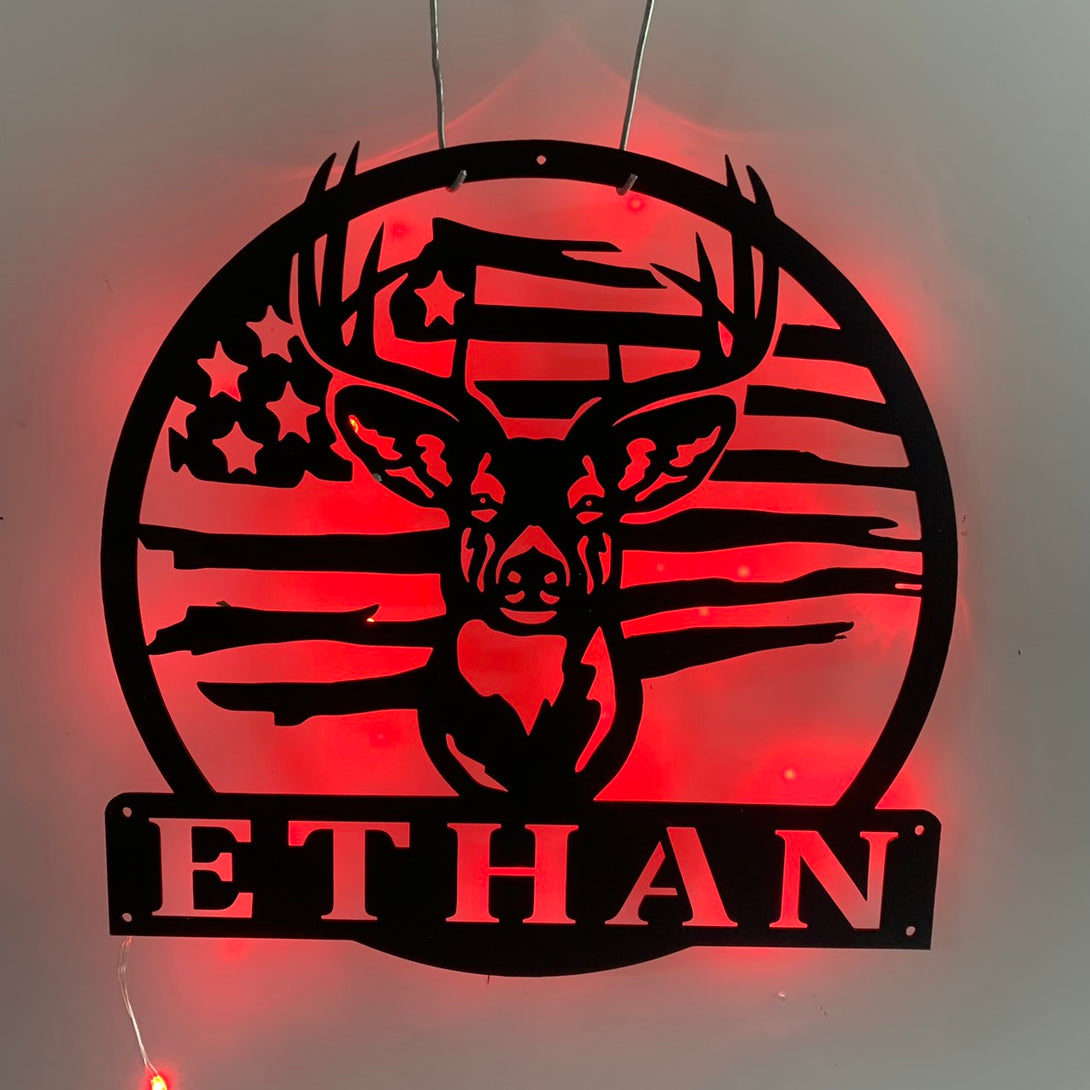 Custom Us Flag Deer Head Metal Wall Art Led Light, Personalized Deer Head Metal Name Sign, Wild Animal Deer Hunting Man Cave Metal Wall Sign