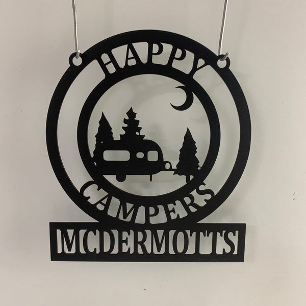 Custom Camping Van Metal Wall Art, Travel Trailer Rv Happy Camper Metal Name Sign, Personalized Family Name Campsite Monogram Metal Sign