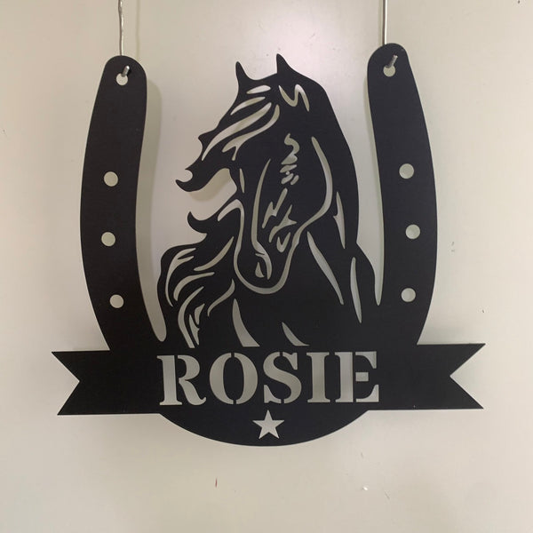 Custom Horseshoe With Name Metal Wall Art, Personalized Horseshoe Metal Name Sign, Horse Farm Ranch Front Door Metal Wall Sign