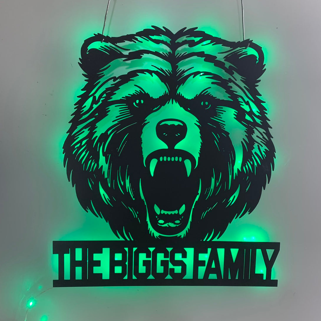 Custom Grizzly Bear Metal Wall Art Led Light, Personalized Growling Bear Metal Name Sign, Roar Bear Wild Animal Monogram Metal Wall Led Sign