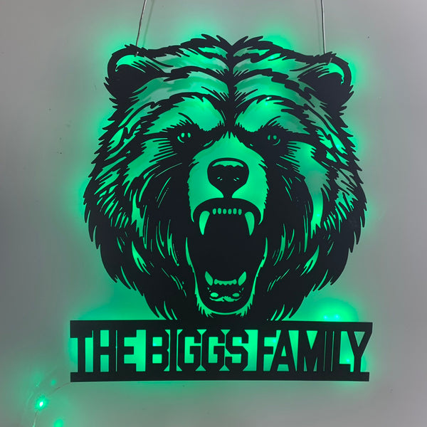 Custom Grizzly Bear Metal Wall Art Led Light, Personalized Growling Bear Metal Name Sign, Roar Bear Wild Animal Monogram Metal Wall Led Sign