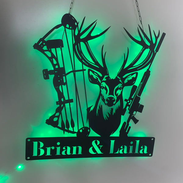 Custom Deer Bow Hunting Metal Sign Led Light, Personalized Deer Hunter Metal Name Sign, Hunting Deer Metal Sign, Hunting Man Cave Metal Wall Art