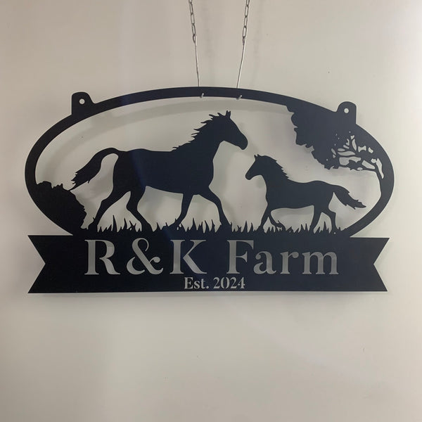 Personalized Horse Farmhouse Metal Sign, Custom Horse Metal Family Name Sign, Horse Farm Sign, Horse Barn Ranch Metal Outdoor Hanging Sign