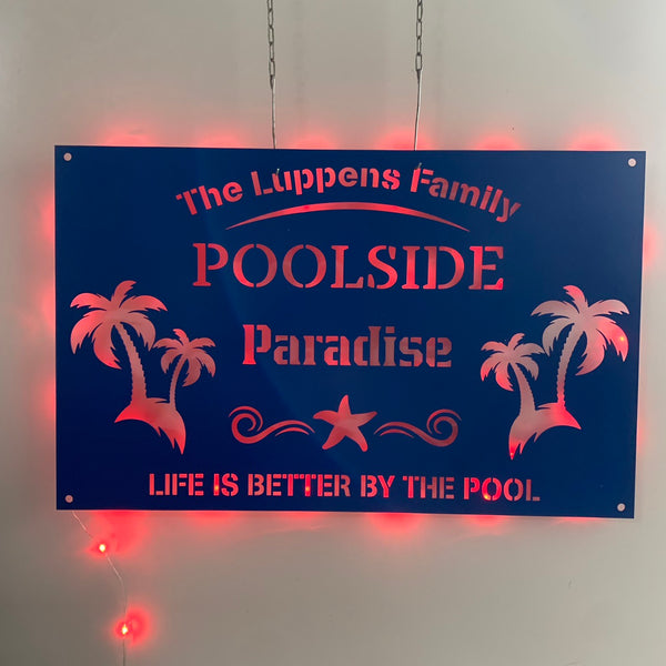 Personalized Poolside Patio Metal Sign With Led Light, Custom Oasis Palm Tree Metal Wall Art, Poolside Bar Backyard Sign Metal Wall Led Sign
