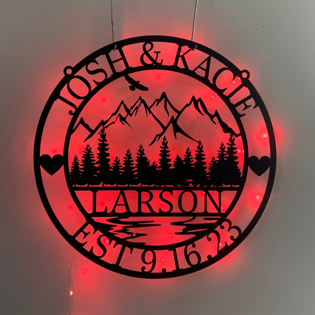 Custom Mountain Forest Monogram Metal Sign Led Light, Mountain Forest Metal Wall Art, Personalized Family Name Metal Sign, Mountain Cabin Metal Sign