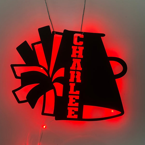 Cheerleader Megaphone With Pom Pom Metal Sign Led Light, Custom Cheerleading Metal Wall Art, Cheering Lover Name Sign, Megaphone Sign, Poms Sign