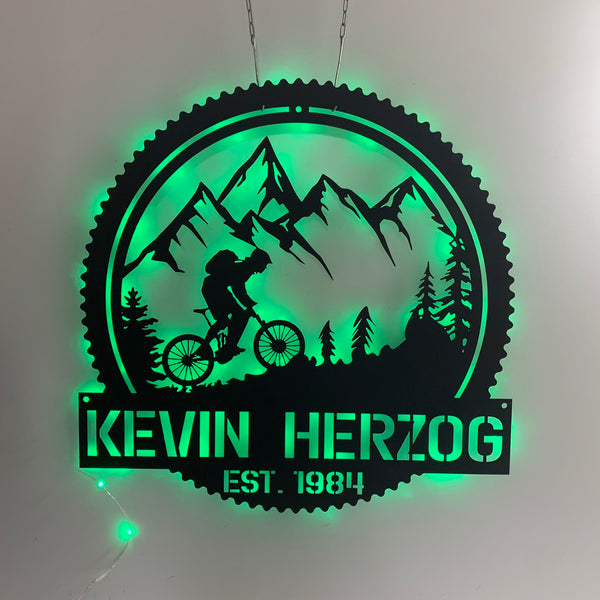 Personalized Mountain Biking Metal Name Sign Led Light, Mountain Tree And Cyclist Metal Wall Art, Custom Mountain Bikers Cabin Metal Wall Sign