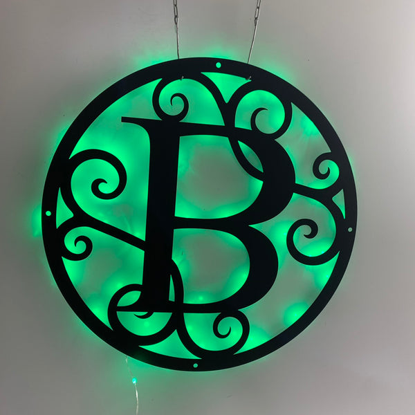 Personalized Metal Monogram Circle Sign With Led Light, Custom Split Initial Letter Metal Wall Art, Custom Last Name Metal Wall Sign Decor