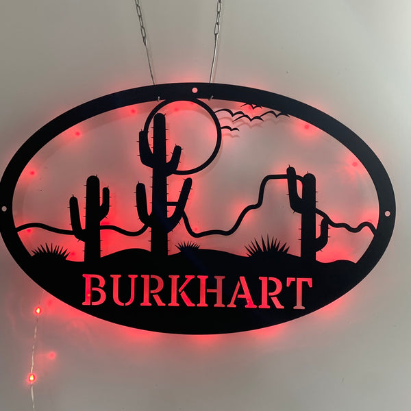 Personalized Cactus Metal Wall Art Led Light, Desert Cactus Monogram South West Metal Sign, Custom Castus Patio Backyard Metal Wall Led Decor