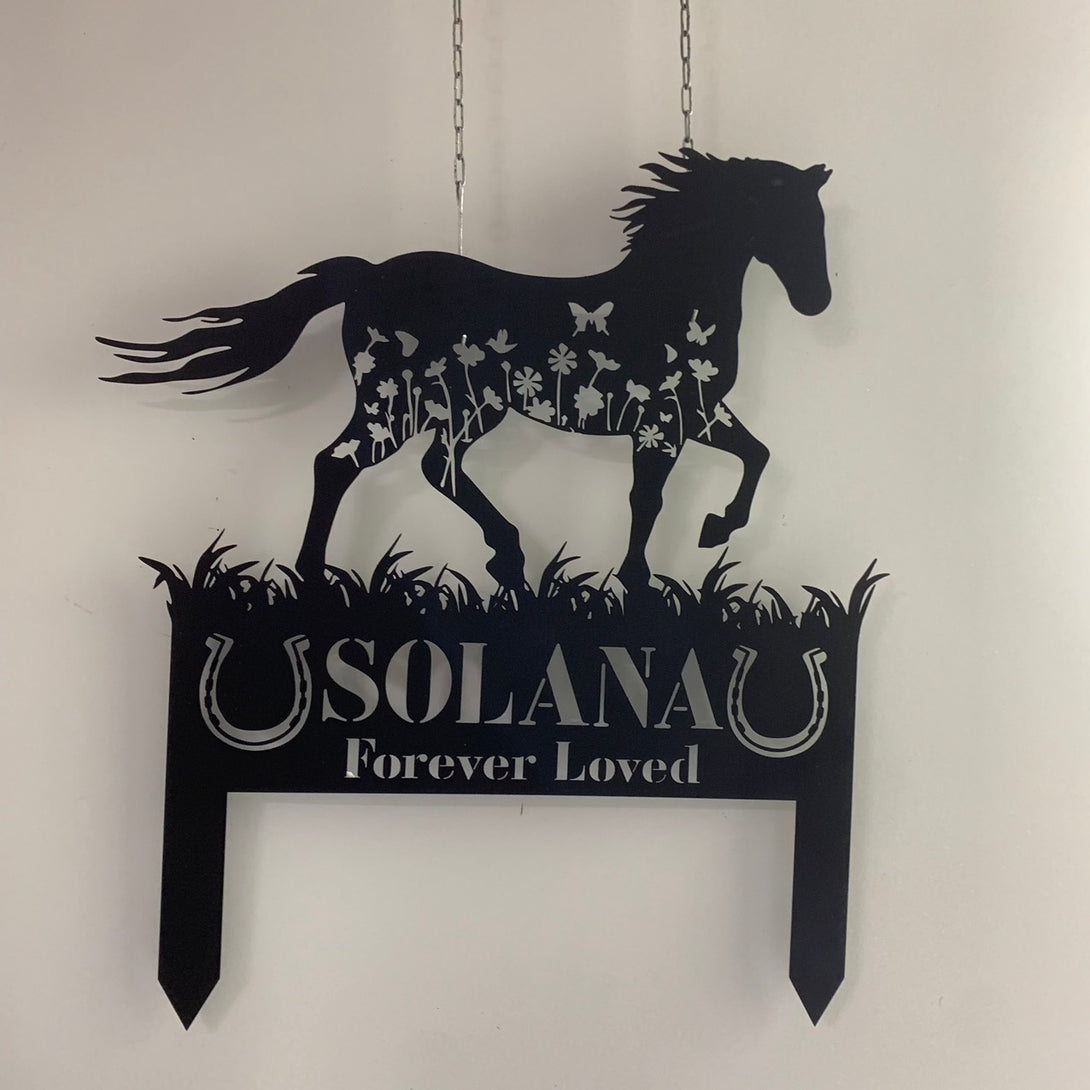 Custom Horse Memorial Metal Garden Stake, Horse With Flowers Metal Yard Sign, Horse Loss Metal Grave Marker, Sympathy Plaque With Name Metal Sign