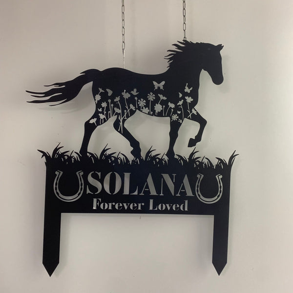Custom Horse Memorial Metal Garden Stake, Horse With Flowers Metal Yard Sign, Horse Loss Metal Grave Marker, Sympathy Plaque With Name Metal Sign