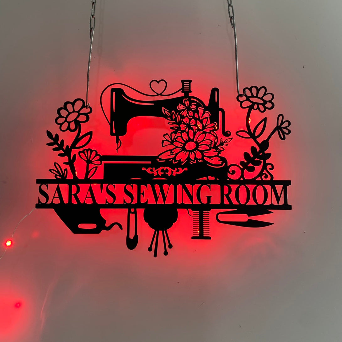 Custom Floral Sewing Machine Metal Wall Art Led Lights, Personalized Sewing Room Metal Name Sign, Quilting Room Craft Metal Wall Sign