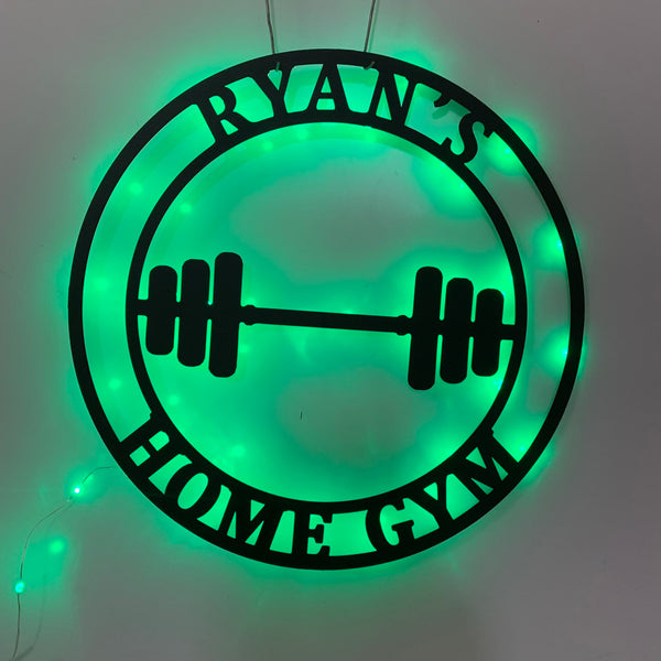 Custom Dumbell Gym Metal Wall Art With Led Light, Home Gym Sport Room Metal Wall Sign, Personalized Dumbbell Fitness Metal Name Sign