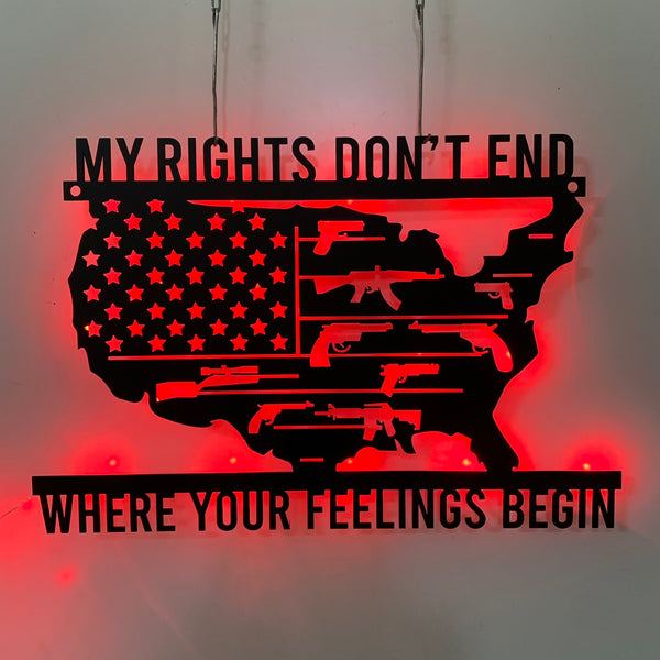 My Rights Don't End Where Your Feeling Begin Led Metal Sign, 2nd Amendment Usa Flag Metal Wall Art, Armory Gun Military Metal Led Sign