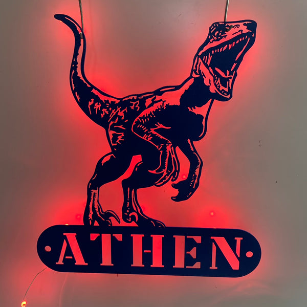 Custom Name Dinosaur Metal Sign With Led Lights, Personalized Dino T-rex Metal Wall Art, Dino Tyrannosaurus Kid Room Nursery Metal Led Sign