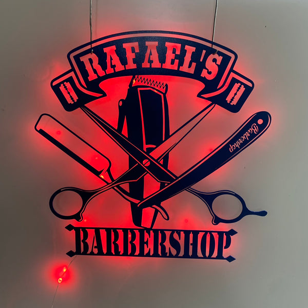 Personalized Barbershop Metal Sign With Led Lights, Custom Barbershop Name Sign, Hairdresser Barber Name Metal Wall Art