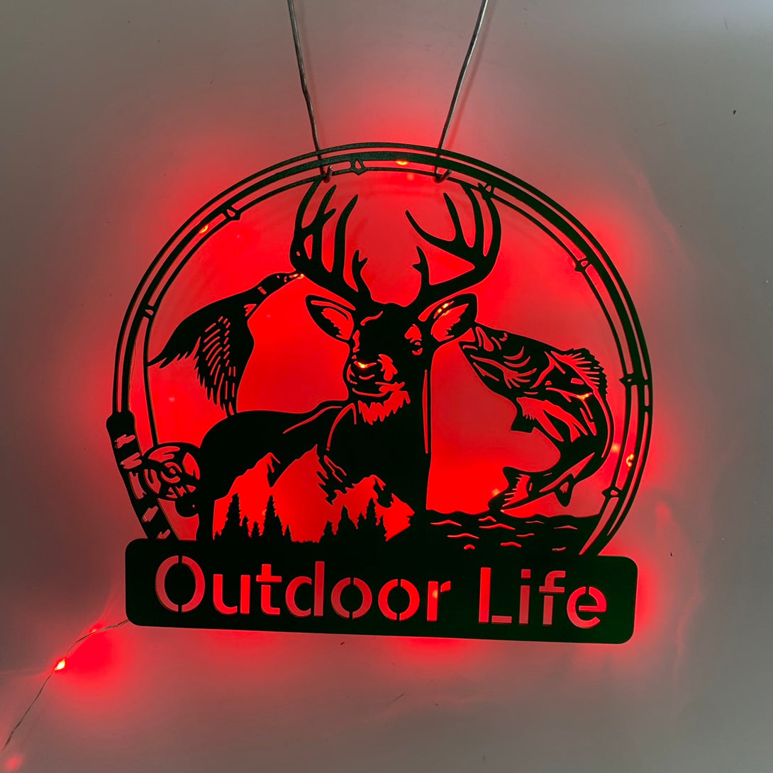 Custom Deer Hunting Fishing Metal Wall Art Led Light, Personalized Hunter Metal Wall Sign, Wildlife Hunting Fishing Cabin Metal Name Sign