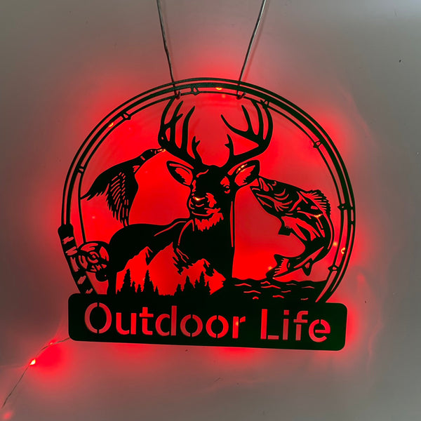 Custom Deer Hunting Fishing Metal Wall Art Led Light, Personalized Hunter Metal Wall Sign, Wildlife Hunting Fishing Cabin Metal Name Sign