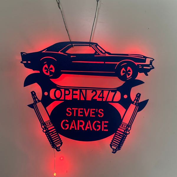 Personalized Car Garage Metal Sign With Led Lights, Custom Classic Car Name Sign For Garage, Mechanic Workshop Metal Led Sign